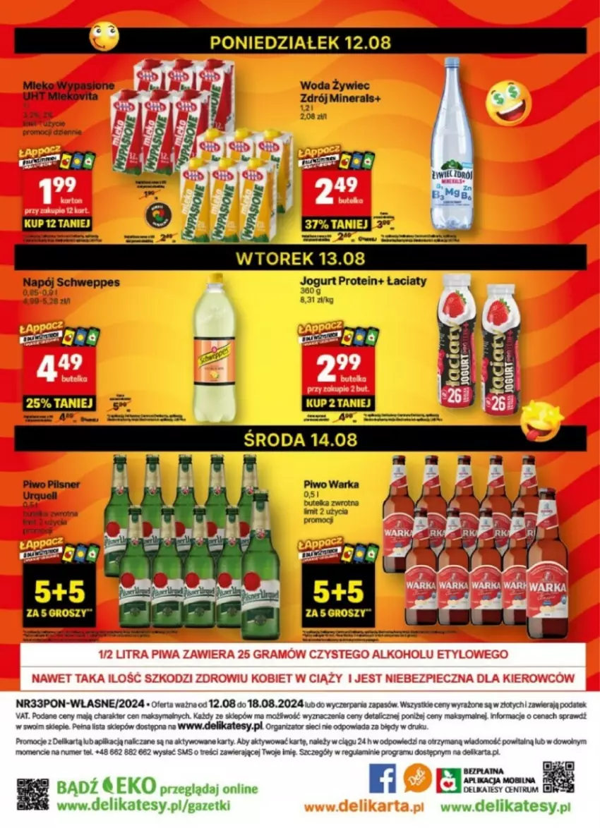 Gazetka promocyjna Delikatesy Centrum - ważna 12.08 do 18.08.2024 - strona 36 - produkty: Gra, Jogurt, Napój, Piwo, Schweppes, Warka, Woda