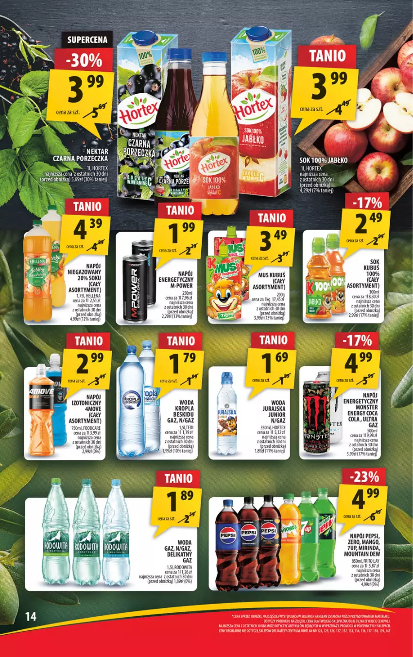 Gazetka promocyjna Arhelan - Gazetka - ważna 27.05 do 09.06.2024 - strona 14 - produkty: Gra, Hortex, Kubuś, Mango, Mirinda, Mus, Napój, Napój izotoniczny, Pepsi, Por, Rum, Sok, Tera, Woda