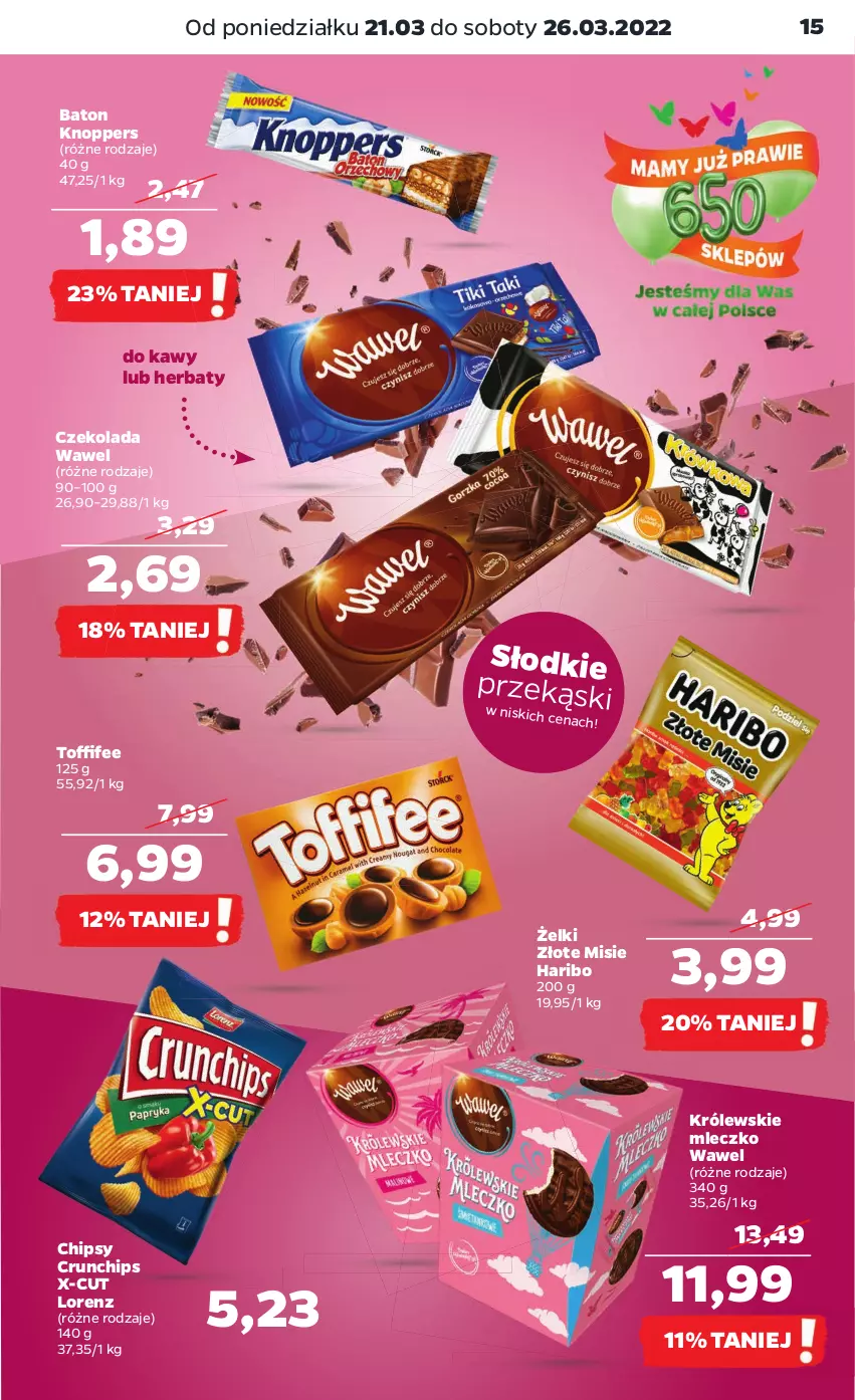 Gazetka promocyjna Netto - Gazetka spożywcza - ważna 21.03 do 26.03.2022 - strona 15 - produkty: Baton, Chipsy, Crunchips, Czekolada, Haribo, Knoppers, Królewski, Królewskie Mleczko, Lorenz, Mleczko, Toffifee, Wawel