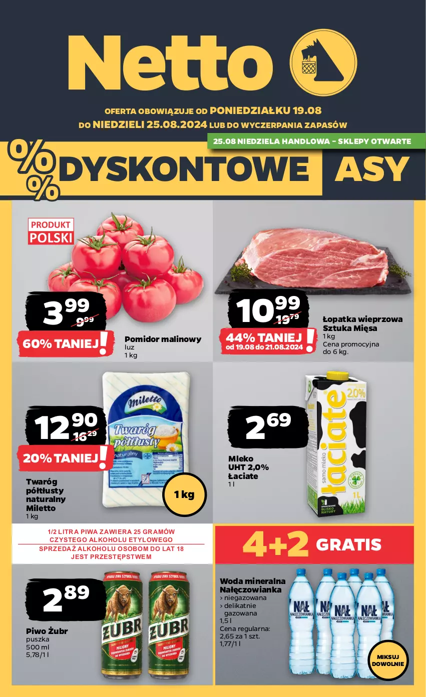 Gazetka promocyjna Netto - Netto Gazetka Food 34/24A - ważna 19.08 do 25.08.2024 - strona 1 - produkty: Gra, Mleko, Nałęczowianka, Piwa, Piwo, Pomidor malinowy, Twaróg, Twaróg półtłusty, Woda, Woda mineralna