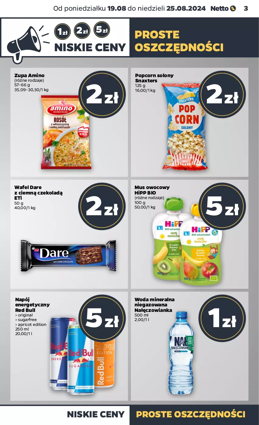 Gazetka promocyjna Netto - Netto Gazetka Food 34/24A - ważna 19.08 do 25.08.2024 - strona 3 - produkty: Gin, HiPP, Hipp Bio, Mus, Nałęczowianka, Napój, Napój energetyczny, Popcorn, Red Bull, Woda, Woda mineralna, Zupa