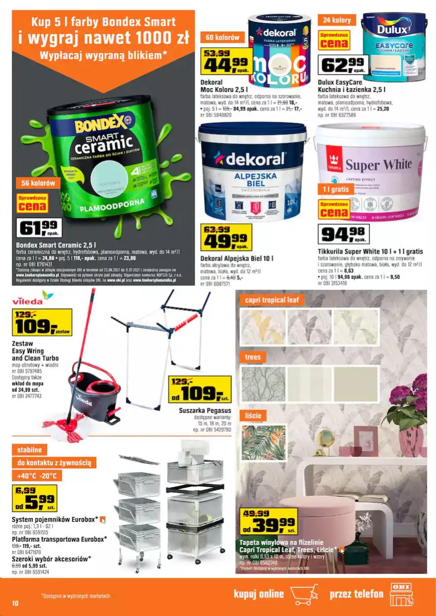 Gazetka promocyjna Obi - Gazetka OBI - ważna 23.06 do 06.07.2021 - strona 10 - produkty: Asus, Dekoral, Dulux, Fa, Farba akrylowa, Farba ceramiczna, Farba lateksowa, Gra, Kuchnia, Mop, Pojemnik, Por, Sport, Suszarka, Tran, Wkład do mopa