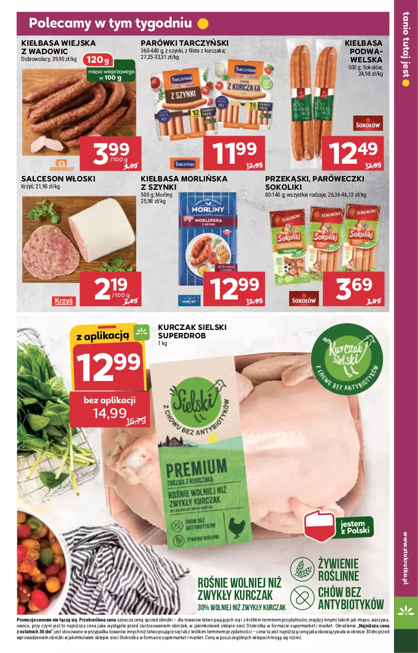 Gazetka promocyjna Stokrotka - Supermarket - ważna 04.09 do 10.09.2025 - strona 13 - produkty: Kiełbasa, Kiełbasa podwawelska, Kiełbasa wiejska, Kurczak, Mięso, Morliny, Owoce, Parówki, Salceson, Sok, Sokołów, Tarczyński, Warzywa, Wawel