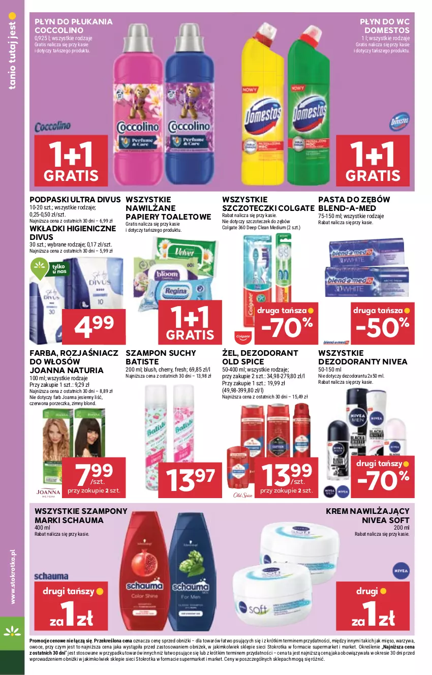 Gazetka promocyjna Stokrotka - Supermarket - ważna 04.09 do 10.09.2025 - strona 40 - produkty: Batiste, Blend-a-Med, Coccolino, Colgate, Dezodorant, Domestos, Fa, Gra, Joanna, Krem nawilżający, LG, Mięso, Nivea, Old Spice, Owoce, Papier, Pasta do zębów, Płyn do płukania, Płyn do wc, Podpaski, Por, Schauma, Szampon, Warzywa, Wkładki