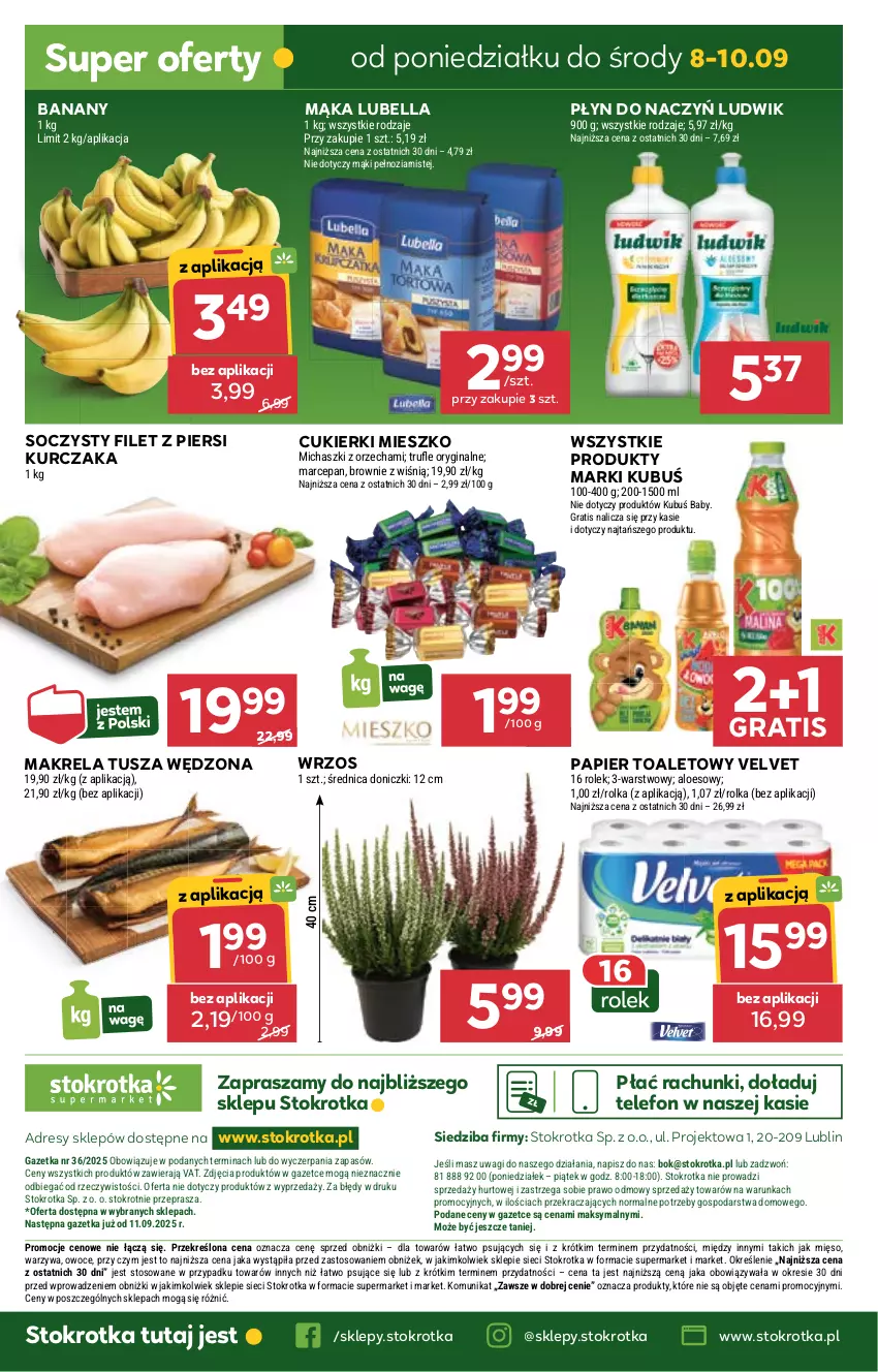Gazetka promocyjna Stokrotka - Supermarket - ważna 04.09 do 10.09.2025 - strona 42 - produkty: Banany, Bell, Bella, Brownie, Cukier, Cukierki, Dres, Filet z piersi kurczaka, Gin, Gra, JBL, Kubuś, Kurczak, Lubella, Ludwik, Mąka, Mięso, O nas, Owoce, Papier, Papier toaletowy, Telefon, Tusz, Velvet, Wagi, Warzywa
