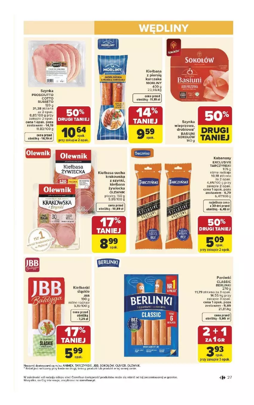 Gazetka promocyjna Carrefour - Gazetka Carrefour, Market od poniedziałku! - ważna 13.04 do 18.04.2026 - strona 29 - produkty: Fa, Kiełbasa, Kurczak, Morliny, Olewnik, Parówki, Prosciutto, Sok, Sokołów, Szynka, Tarczyński