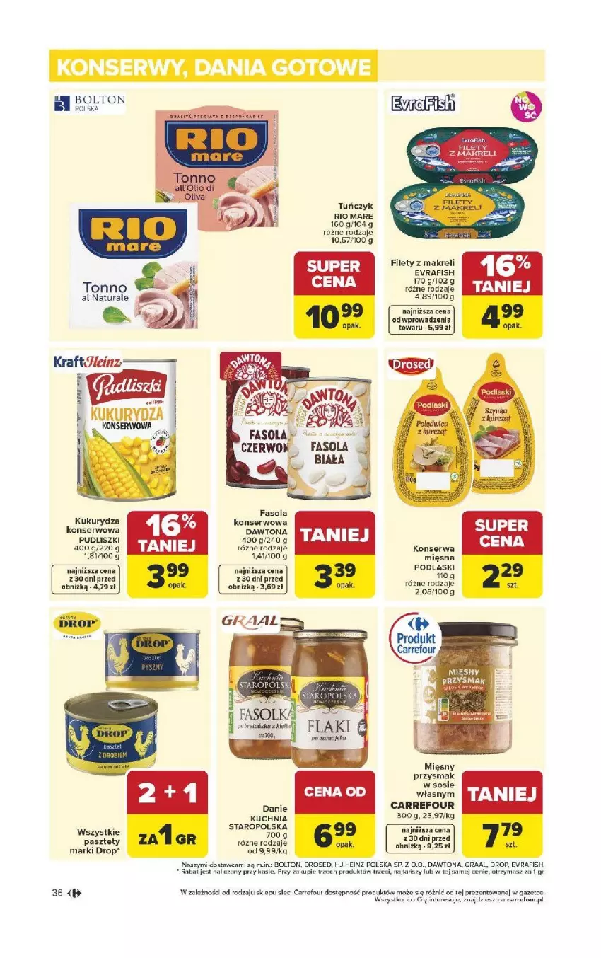 Gazetka promocyjna Carrefour - Gazetka Carrefour, Market od poniedziałku! - ważna 13.04 do 18.04.2026 - strona 38 - produkty: Dawtona, Fa, Fasola, Gra, Graal, Heinz, Kukurydza, Kukurydza konserwowa, Pasztet, Pudliszki, Rio Mare, Ser, Sos, Tuńczyk