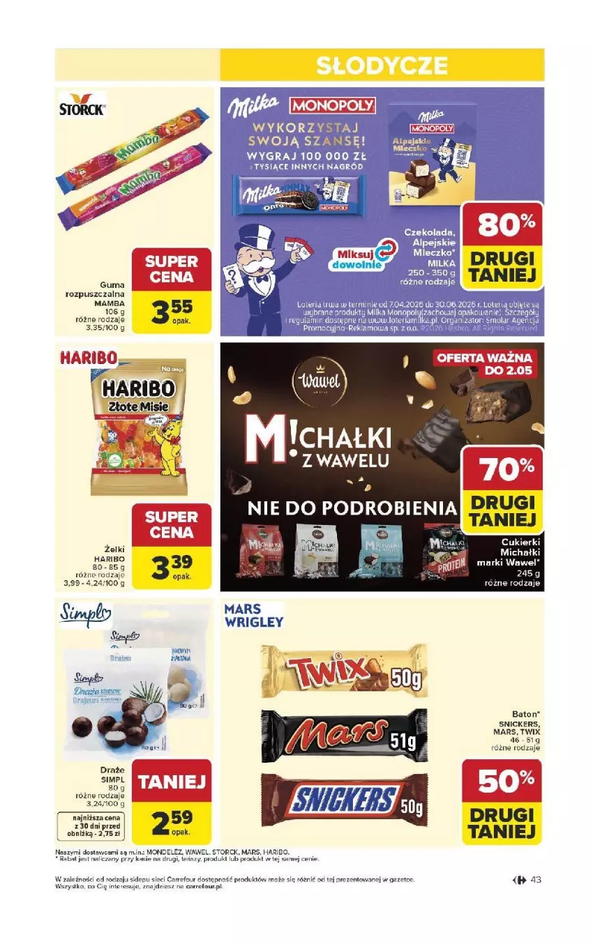 Gazetka promocyjna Carrefour - Gazetka Carrefour, Market od poniedziałku! - ważna 13.04 do 18.04.2026 - strona 45 - produkty: Baton, Cukier, Cukierki, Guma rozpuszczalna, Haribo, Mamba, Mars, Michałki, Snickers, Twix, Wawel