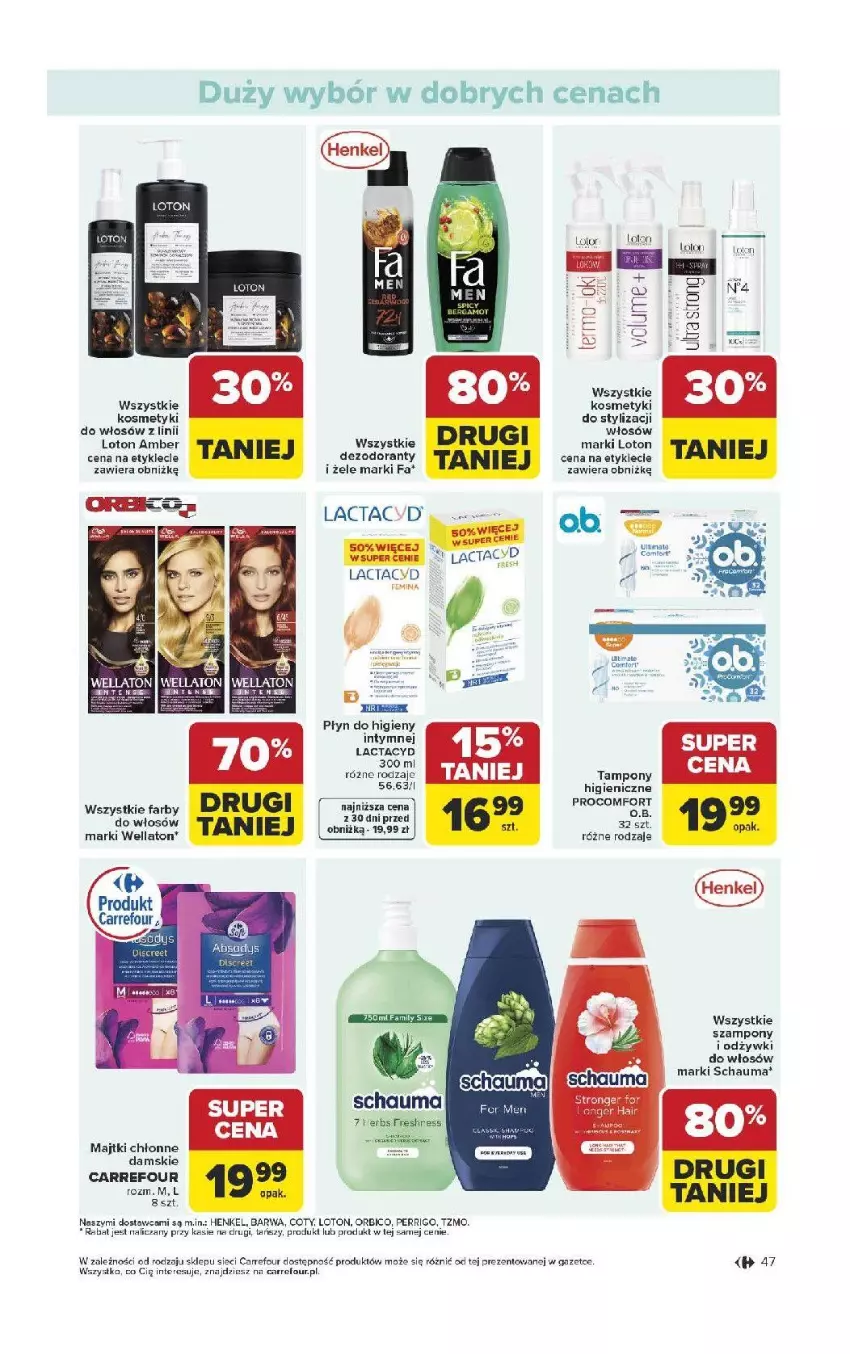 Gazetka promocyjna Carrefour - Gazetka Carrefour, Market od poniedziałku! - ważna 13.04 do 18.04.2026 - strona 49 - produkty: Dezodorant, Fa, Lactacyd, Majtki, O.B., Płyn do higieny intymnej, Schauma, Szampon, Tampony, Wella