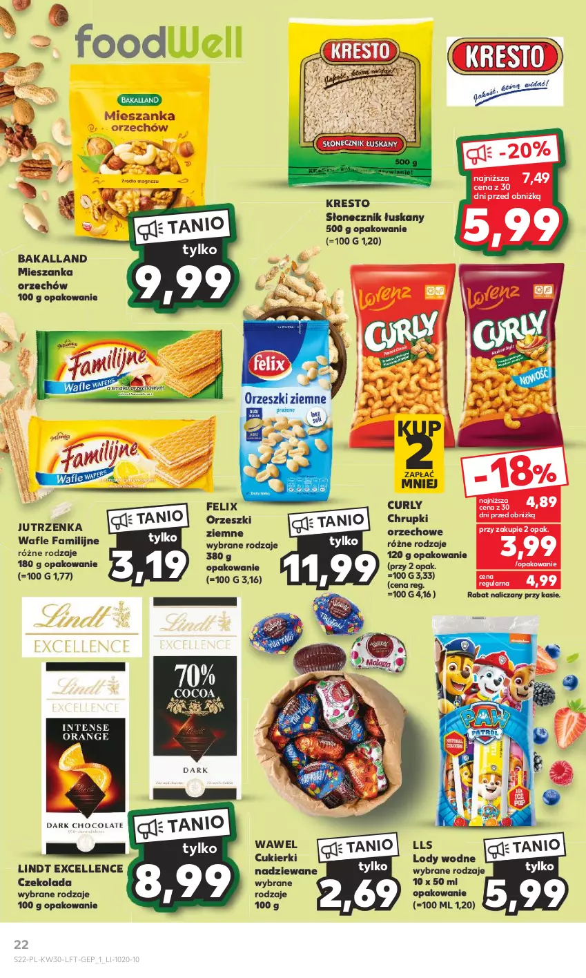 Gazetka promocyjna Kaufland - Gazetka tygodnia - ważna 27.07 do 02.08.2023 - strona 22 - produkty: Bakalland, Chrupki, Cukier, Cukierki, Cukierki nadziewane, Czekolada, Fa, Felix, Jutrzenka, Lindt, Lody, Orzeszki, Orzeszki ziemne, Wafle, Wawel