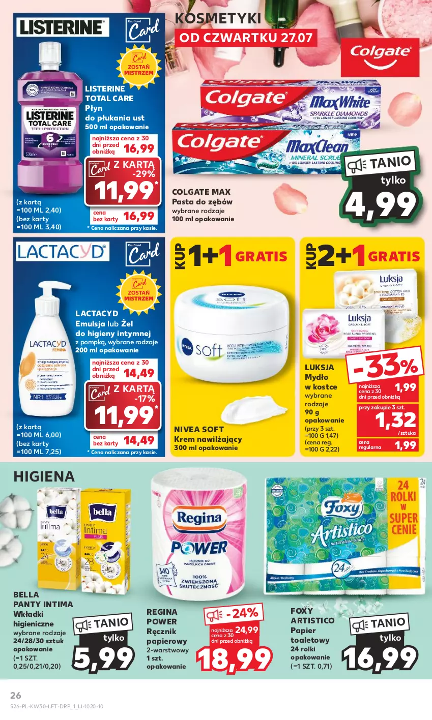 Gazetka promocyjna Kaufland - Gazetka tygodnia - ważna 27.07 do 02.08.2023 - strona 26 - produkty: Bell, Bella, Colgate, Emulsja, Foxy, Gin, Gra, Krem nawilżający, Lactacyd, LG, Listerine, Luksja, Mydło, Nivea, Papier, Papier toaletowy, Pasta do zębów, Płyn do płukania, Ręcznik, Rolki, Wkładki