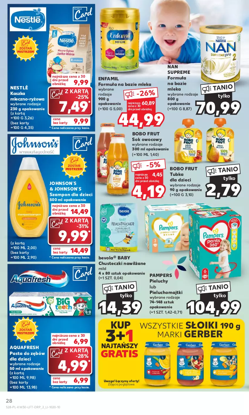 Gazetka promocyjna Kaufland - Gazetka tygodnia - ważna 27.07 do 02.08.2023 - strona 28 - produkty: Aquafresh, Chusteczki, Dzieci, Enfamil, Fa, Gerber, Gra, Majtki, Nestlé, Pampers, Pasta do zębów, Pieluchomajtki, Pieluchy, Ryż, Sok, Szampon, Waga