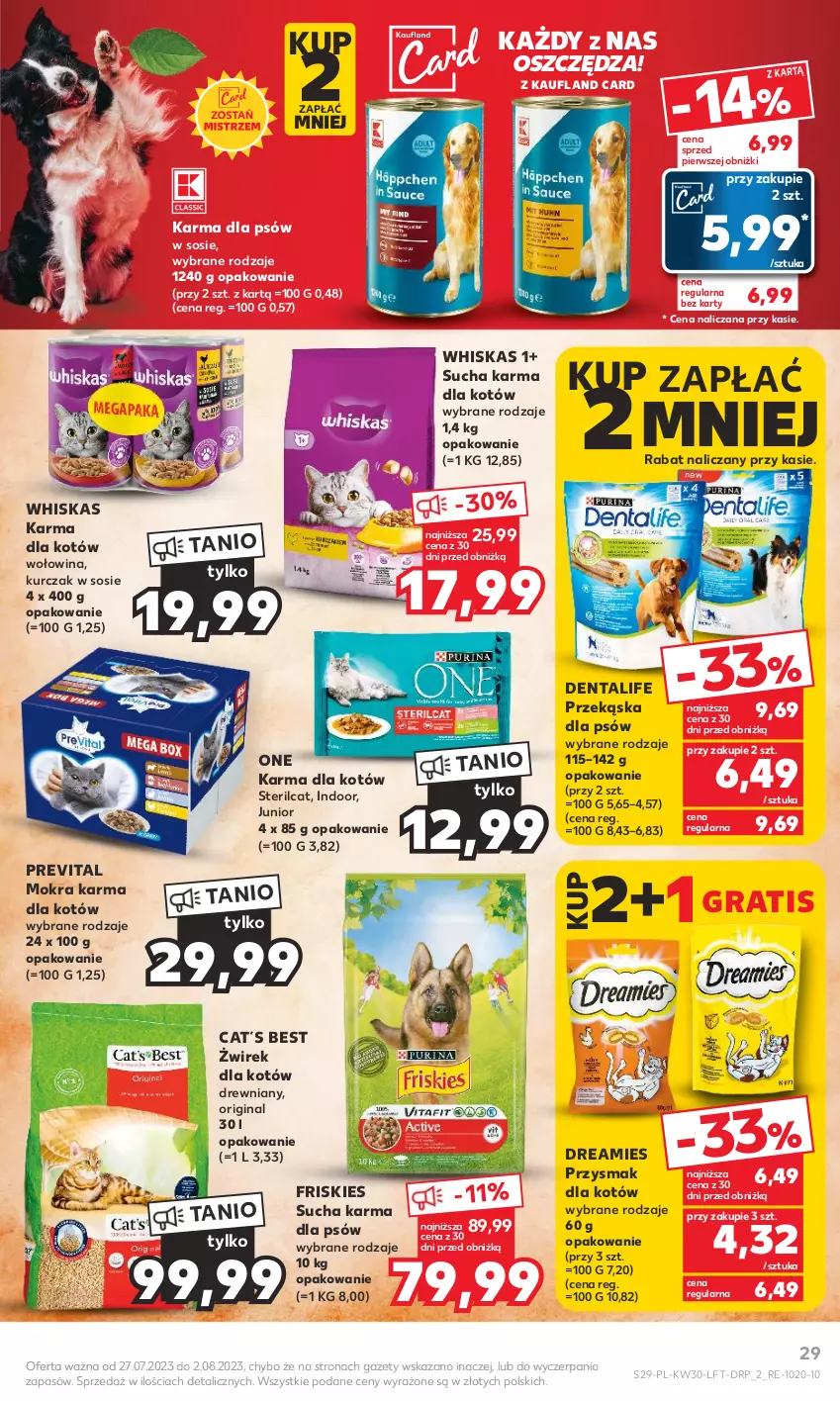 Gazetka promocyjna Kaufland - Gazetka tygodnia - ważna 27.07 do 02.08.2023 - strona 29 - produkty: Friskies, Gin, Gra, Kurczak, Mokra karma, Przekąska dla psów, Sos, Sucha karma, Whiskas, Wołowina