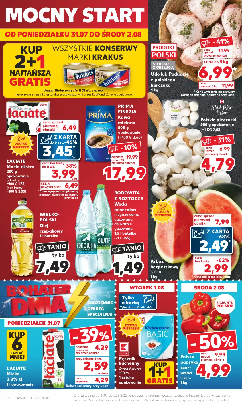 Gazetka promocyjna Kaufland - Gazetka tygodnia - ważna 27.07 do 02.08.2023 - strona 40 - produkty: Arbuz, Gra, Kawa, Kawa mielona, Krakus, Kurczak, Masło, Mleko, Olej, Olej rzepakowy, Papryka, Papryka czerwona, Piec, Prima, Ręcznik, Ręcznik kuchenny, Ser, Waga, Woda, Woda mineralna