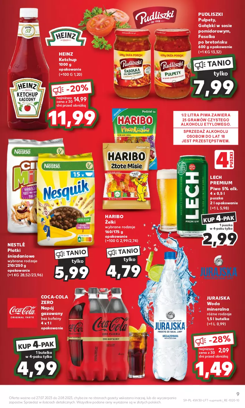 Gazetka promocyjna Kaufland - Gazetka tygodnia - ważna 27.07 do 02.08.2023 - strona 9 - produkty: Coca-Cola, Danio, Fa, Gra, Haribo, Heinz, Ketchup, Lech Premium, Napój, Napój gazowany, Nestlé, Piwa, Piwo, Pudliszki, Pulpety, Sos, Woda, Woda mineralna