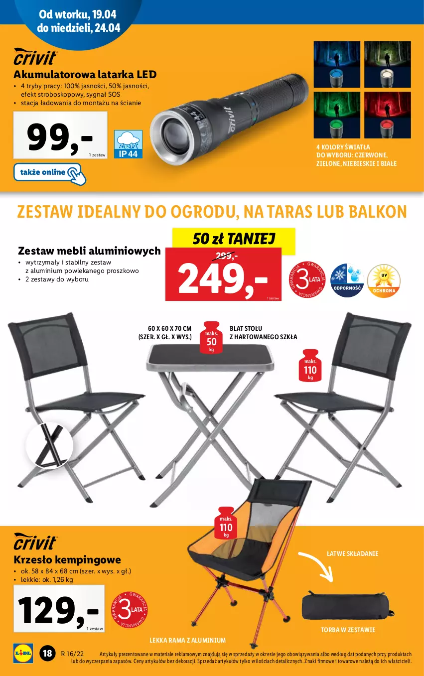 Gazetka promocyjna Lidl - GAZETKA - ważna 19.04 do 24.04.2022 - strona 20 - produkty: Akumulator, Krzesło, Latarka, Latarka LED, Rama, Sos, Tarka, Torba