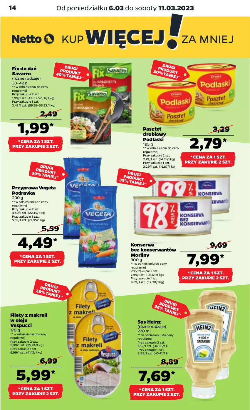 Gazetka promocyjna Netto - Artykuły spożywcze - ważna 06.03 do 11.03.2023 - strona 14 - produkty: Heinz, Morliny, Olej, Pasztet, Podlaski, Podravka, Savarro, Ser, Sos, Vegeta