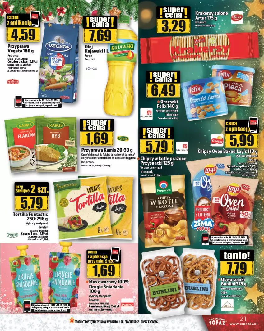 Gazetka promocyjna Topaz - Gazetka - ważna 19.12 do 25.12.2024 - strona 21 - produkty: AEG, Artur, Bigos, Chipsy, Dawtona, Kamis, Krakersy, Kujawski, Orzeszki, Podravka, Przysnacki, Top, Tortilla, Vegeta