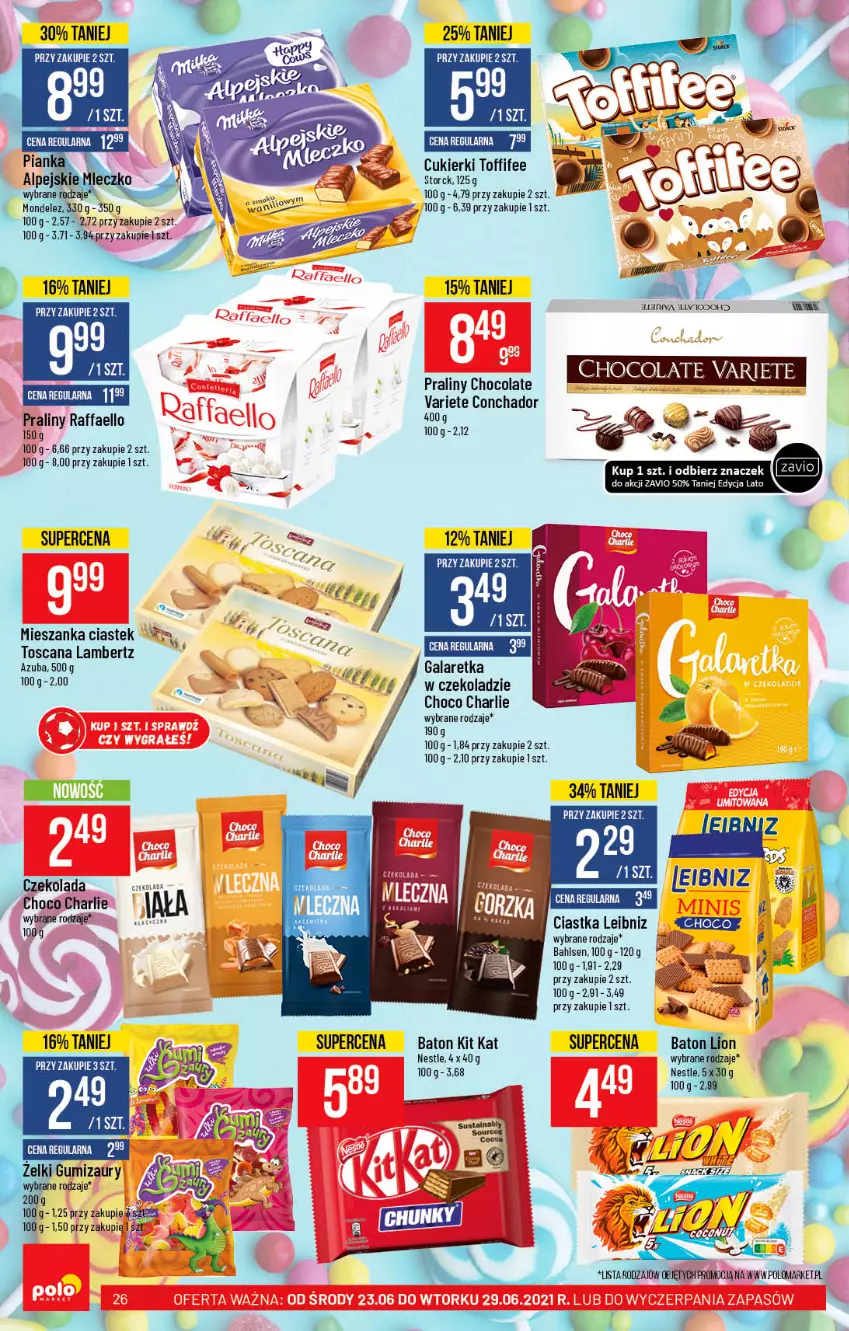 Gazetka promocyjna PoloMarket - Gazetka pomocyjna - ważna 23.06 do 29.06.2021 - strona 26 - produkty: Baton, Ciastka, Cukier, Cukierki, Czekolada, Fa, Kit Kat, Praliny, Raffaello, Stek, Toffifee