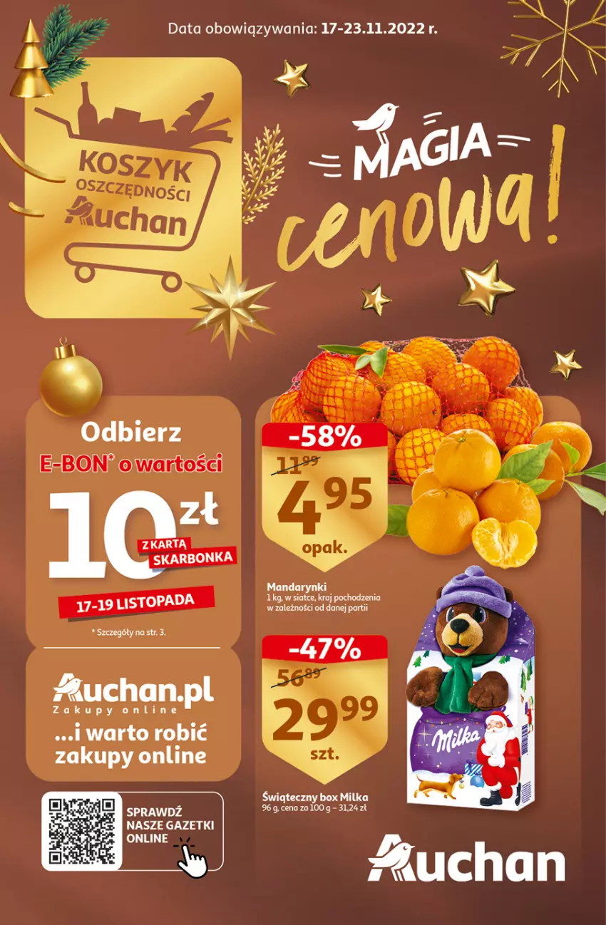 Gazetka promocyjna Auchan - Gazetka Koszyk Oszczędności Auchan Hipermarkety - ważna 17.11 do 23.11.2022 - strona 1 - produkty: Mandarynki, Milka, Top