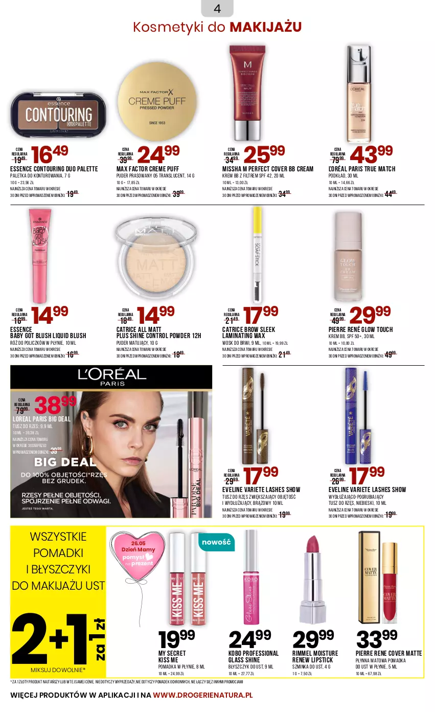 Gazetka promocyjna Drogerie Natura - Gazetka Drogerie Natura - ważna 23.05 do 04.06.2025 - strona 4 - produkty: Błyszczyk do ust, Catrice, Control, Eveline, Fa, Inka, KOBO, Krem bb, Makijaż, Max Factor, MISSHA, Palette, Pierre René, Podkład, Puder, Puder prasowany, Puf, Róż do policzków, Szminka, Tran, Tusz
