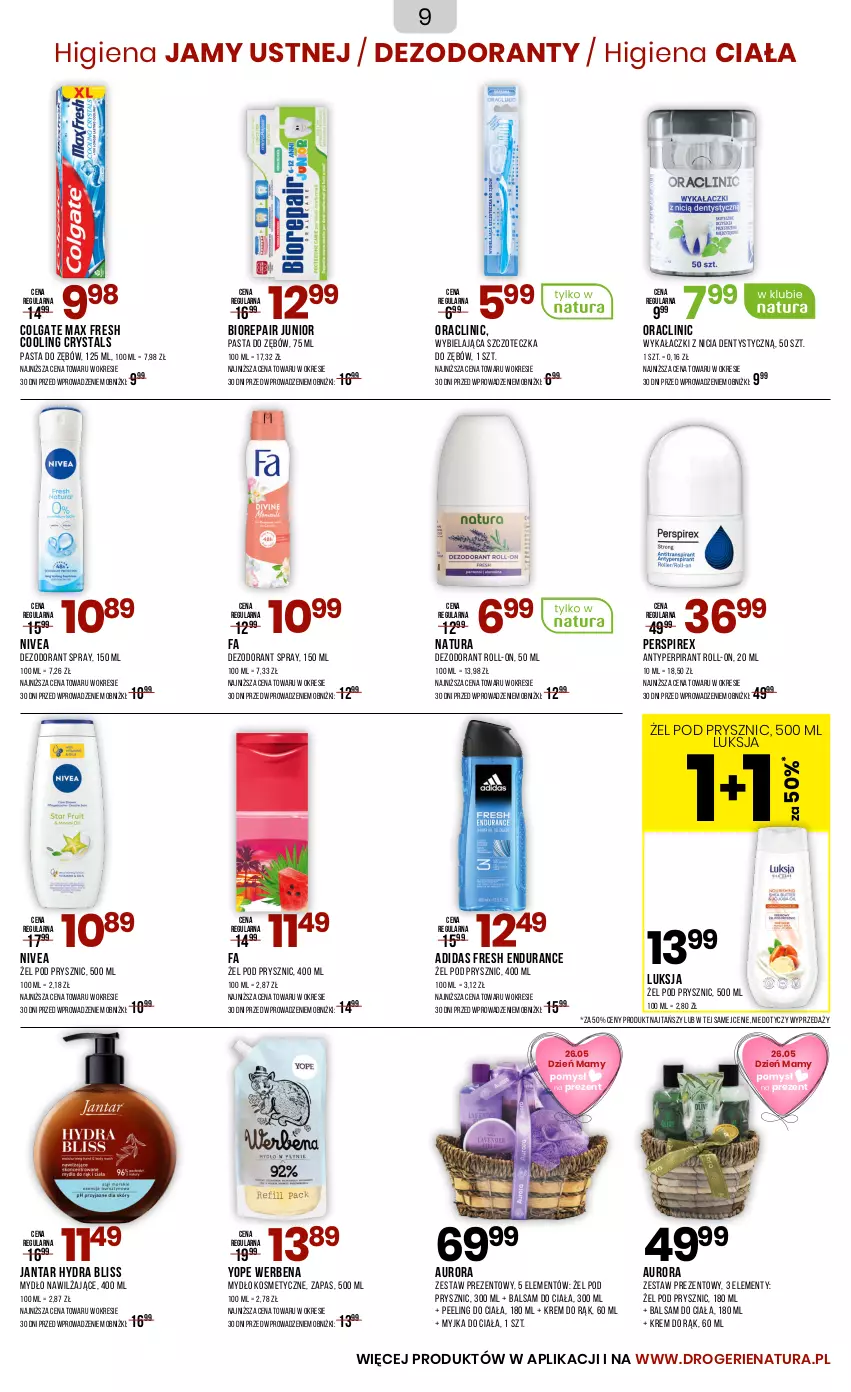 Gazetka promocyjna Drogerie Natura - Gazetka Drogerie Natura - ważna 23.05 do 04.06.2025 - strona 9 - produkty: Adidas, Balsam do ciała, Biorepair, Clin, Colgate, Dezodorant, Fa, Higiena jamy ustnej, Krem do rąk, LG, Luksja, Mydło, Nivea, Pasta do zębów, Peeling, Szczoteczka, Szczoteczka do zębów, Yope, Zestaw prezentowy