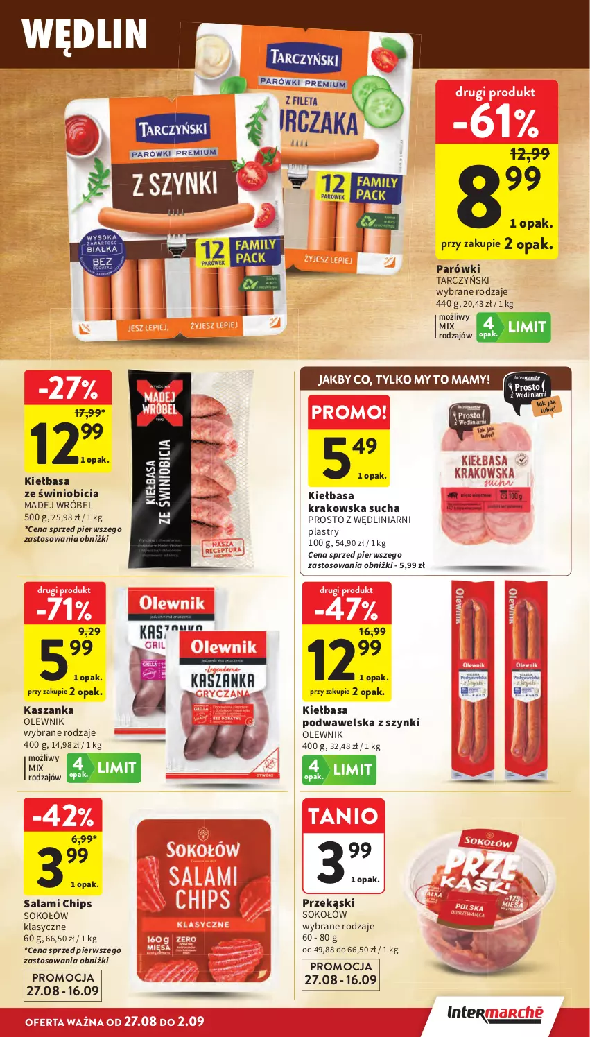 Gazetka promocyjna Intermarche - Gazetka promocyjna - ważna 27.08 do 02.09.2026 - strona 17 - produkty: BIC, Kasza, Kaszanka, Kiełbasa, Kiełbasa krakowska, Kiełbasa podwawelska, Madej Wróbel, Olewnik, Parówki, Salami, Sok, Sokołów, Tarczyński, Wawel