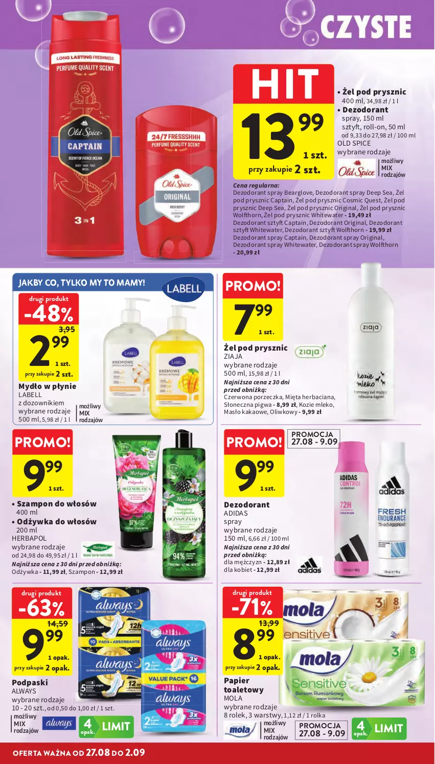 Gazetka promocyjna Intermarche - Gazetka promocyjna - ważna 27.08 do 02.09.2026 - strona 38 - produkty: Adidas, Always, Bell, Dezodorant, Dozownik, Gin, Herbapol, Kakao, Masło, Mięta, Mleko, Mola, Mydło, Mydło w płynie, Odżywka, Old Spice, Papier, Papier toaletowy, Podpaski, Por, Szampon, Ziaja