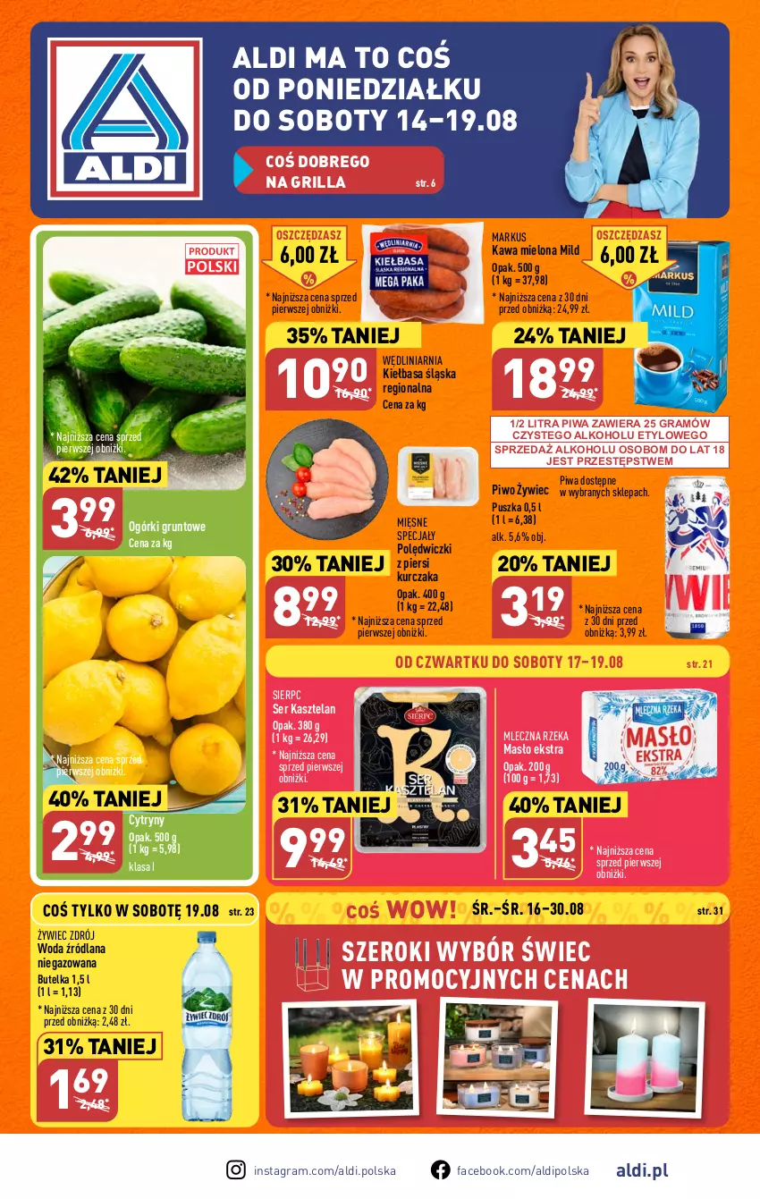 Gazetka promocyjna Aldi - Pełna oferta - ważna 07.08 do 12.08.2023 - strona 1 - produkty: Cytryny, Fa, Gra, Grill, Grunt, Kasztelan, Kawa, Kawa mielona, Kiełbasa, Kiełbasa śląska, Kurczak, LANA, Masło, Mięsne specjały, Mleczna Rzeka, Piwa, Piwo, Ser, Ser Kasztelan, Woda