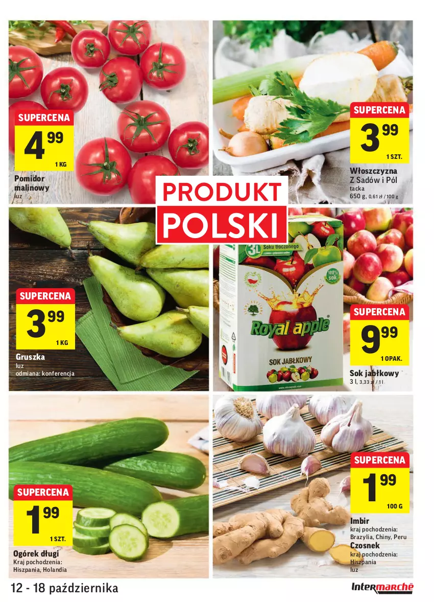 Gazetka promocyjna Intermarche - Gazetka promocyjna - ważna 12.10 do 18.10.2021 - strona 13 - produkty: Czosnek, Imbir, Ogórek, Pomidor malinowy, Sok, Sok jabłkowy