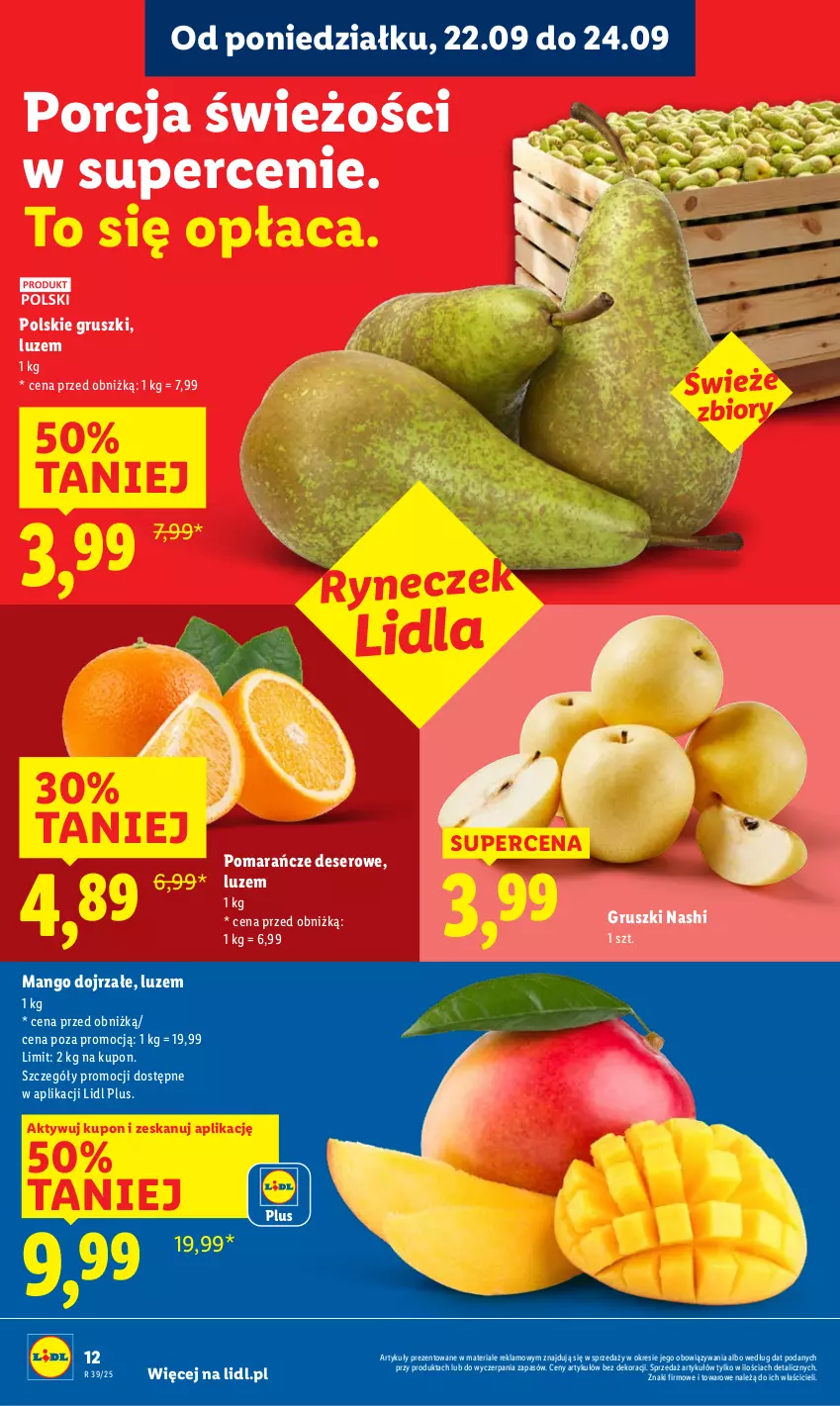 Gazetka promocyjna Lidl - GAZETKA - ważna 22.09 do 24.09.2025 - strona 18 - produkty: Deser, Gruszki, Mango, Pomarańcze, Por, Ser