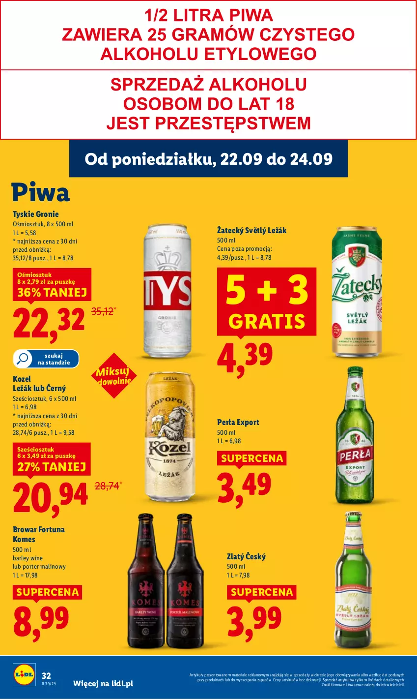 Gazetka promocyjna Lidl - GAZETKA - ważna 22.09 do 24.09.2025 - strona 40 - produkty: Fortuna, Gra, Kozel, Perła, Piwa, Por, Tyskie