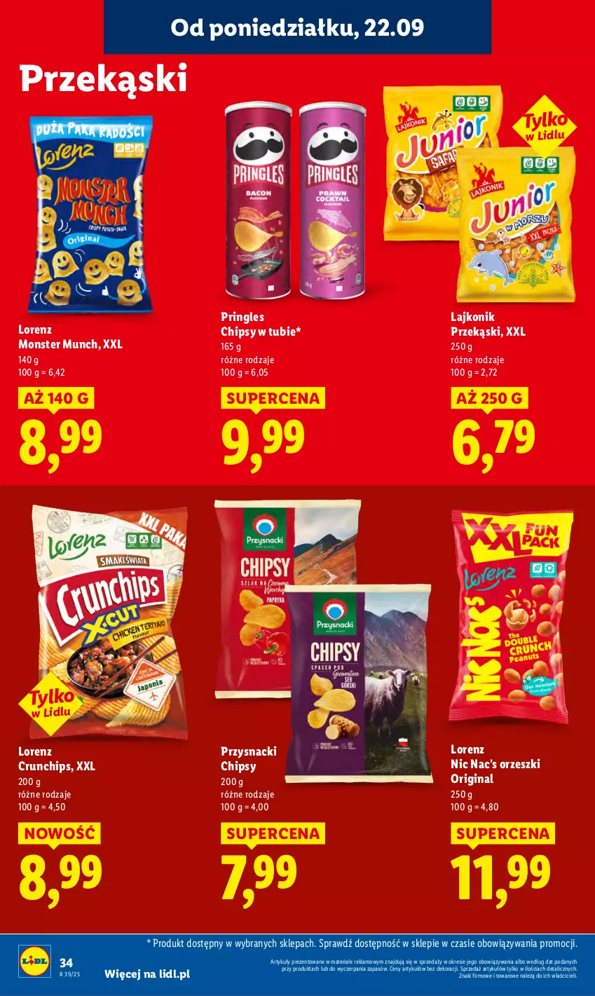 Gazetka promocyjna Lidl - GAZETKA - ważna 22.09 do 24.09.2025 - strona 42 - produkty: Chipsy, Crunchips, Gin, Lajkonik, Lorenz, Monster Munch, Orzeszki, Pringles, Przysnacki