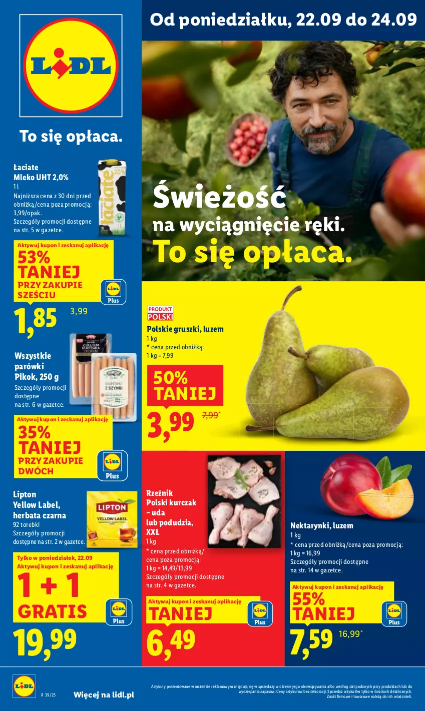 Gazetka promocyjna Lidl - GAZETKA - ważna 22.09 do 24.09.2025 - strona 5 - produkty: Gra, Gruszki, Herbata, Herbata czarna, Kurczak, Lipton, Mleko, Nektar, Parówki, PIKOK