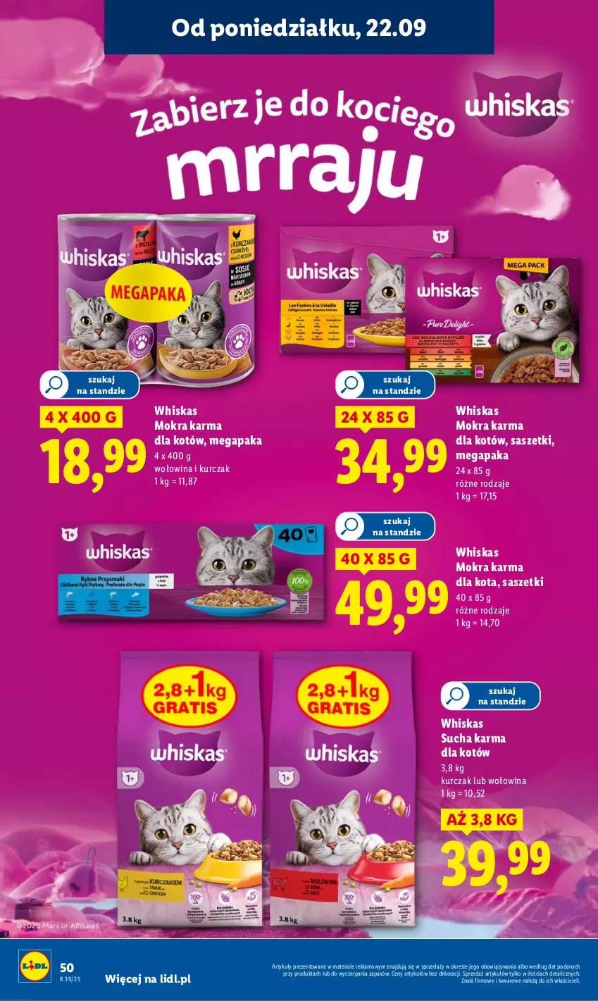 Gazetka promocyjna Lidl - GAZETKA - ważna 22.09 do 24.09.2025 - strona 62 - produkty: Kurczak, Mokra karma, Sucha karma, Whiskas, Wołowina