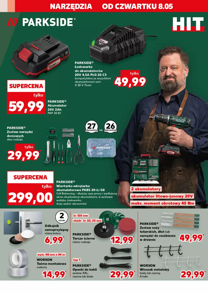 Gazetka promocyjna Kaufland - Kaufland - ważna 08.05 do 10.05.2025 - strona 4 - produkty: Akumulator, Leon, LG, Noż, Parkside, Ser, Tarka, Taśma montażowa, Walizka, Warka, Wieszak, Wkręt, Wkrętarka, Zestaw narzędzi