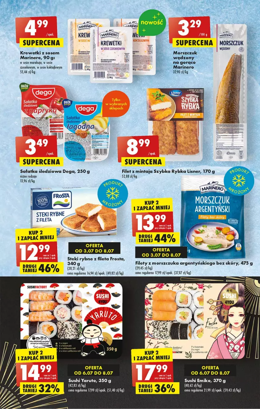 Gazetka promocyjna Biedronka - Od czwartku - ważna 06.07 do 12.07.2023 - strona 31 - produkty: Dega, Filet z mintaja, Frosta, Krewetki, Lisner, Mintaj, Por, Sałat, Sałatka, Sos, Stek, Sushi