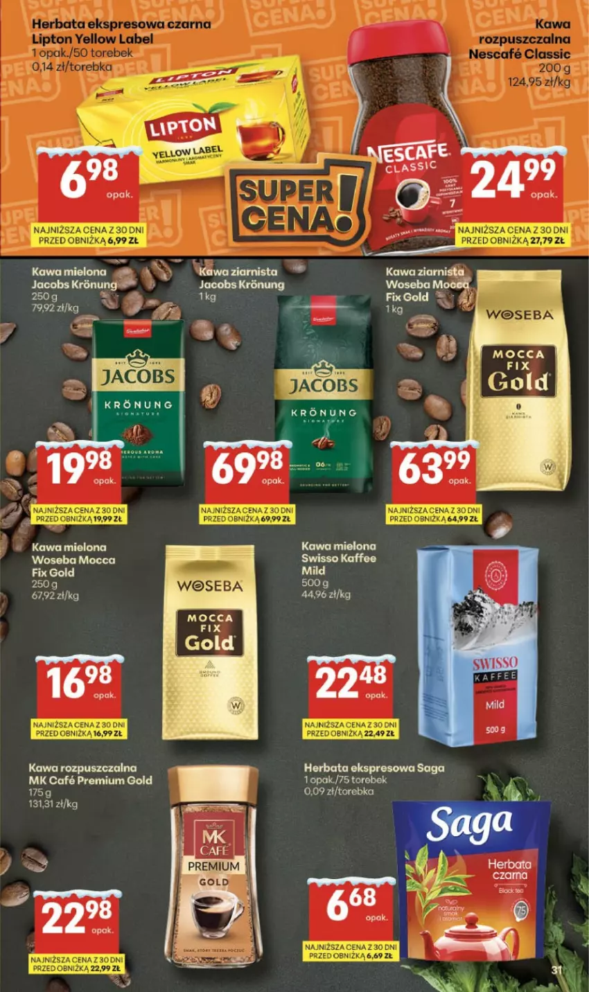 Gazetka promocyjna Delikatesy Centrum - Franczyza DC04 Czwartek - ważna 22.01 do 28.01.2026 - strona 31 - produkty: Herbata, Jacobs, Kawa, Kawa mielona, Kawa rozpuszczalna, Kawa ziarnista, Mocca Fix Gold, Saga, Torebka, Woseba