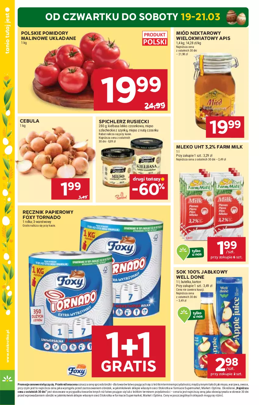 Gazetka promocyjna Stokrotka - Supermarket - ważna 19.03 do 25.03.2026 - strona 2 - produkty: Cebula, Fa, Farm Milk, Foxy, Gra, Kiełbasa, Mięso, Miód, Mleko, Nektar, Optima, Owoce, Papier, Pomidory, Ręcznik, Sok, Spichlerz Rusiecki, Warzywa