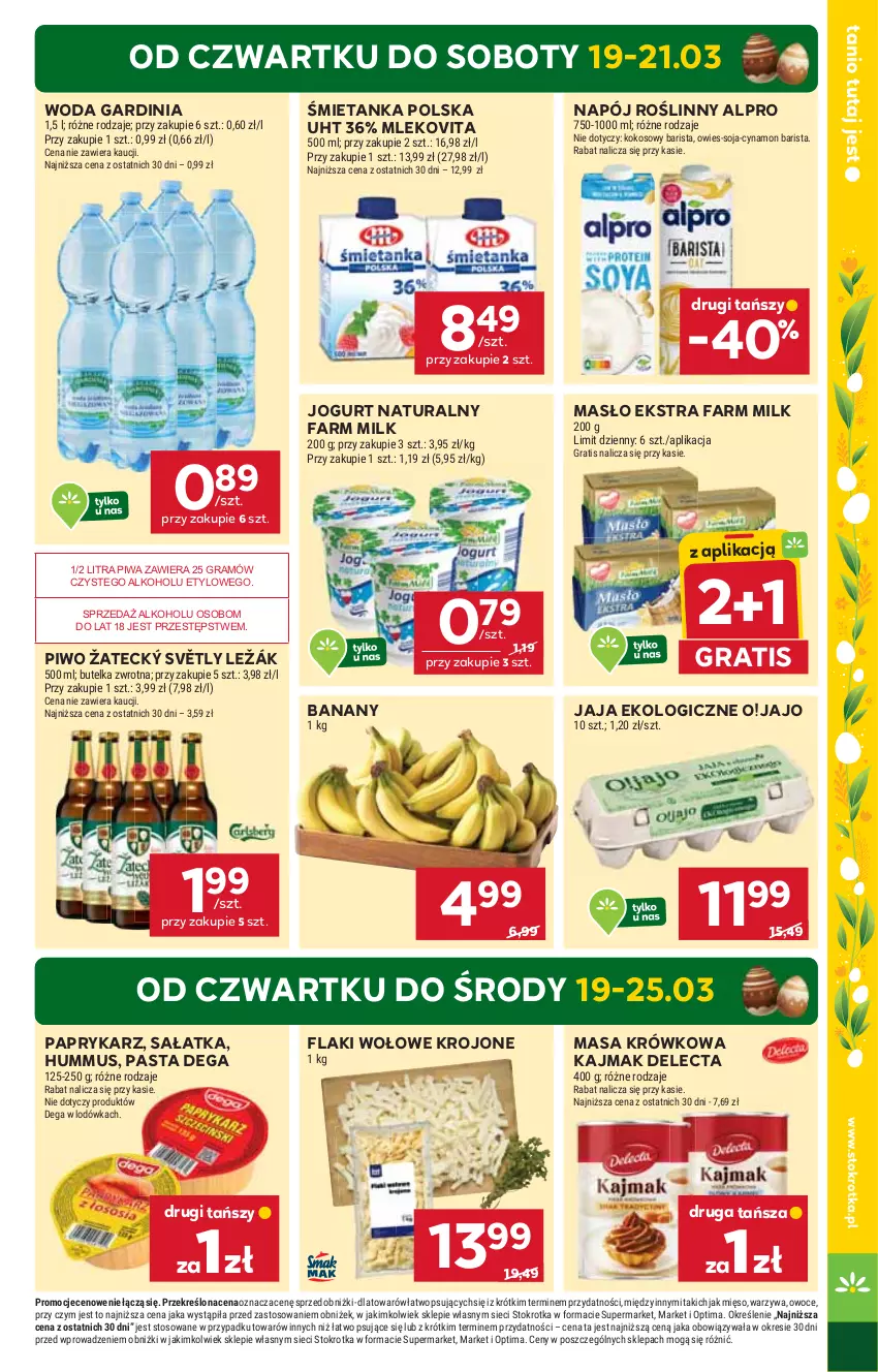 Gazetka promocyjna Stokrotka - Supermarket - ważna 19.03 do 25.03.2026 - strona 3 - produkty: Alpro, Banany, Dega, Delecta, Fa, Farm Milk, Flaki, Flaki wołowe, Gra, Hummus, Jaja, Jogurt, Jogurt naturalny, Kokos, Lodówka, Masa krówkowa, Masło, Mięso, Mleko, Mlekovita, Mus, Napój, Napój roślinny, Optima, Owoce, Papryka, Paprykarz, Piwa, Piwo, Sałat, Sałatka, Warzywa, Woda