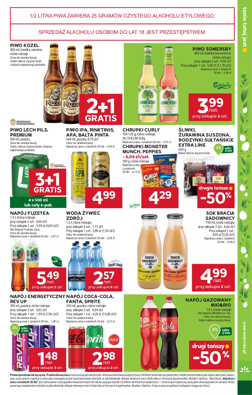 Gazetka promocyjna Stokrotka - Supermarket - ważna 19.03 do 25.03.2026 - strona 37 - produkty: Chrupki, Coca-Cola, Fa, Fanta, Gra, Ice tea, Kozel, Mięso, Monster Munch, Napój, Napój energetyczny, Napój gazowany, Optima, Owoce, Piwa, Piwo, Rodzynki, Sok, Somersby, Sprite, Warzywa, Woda