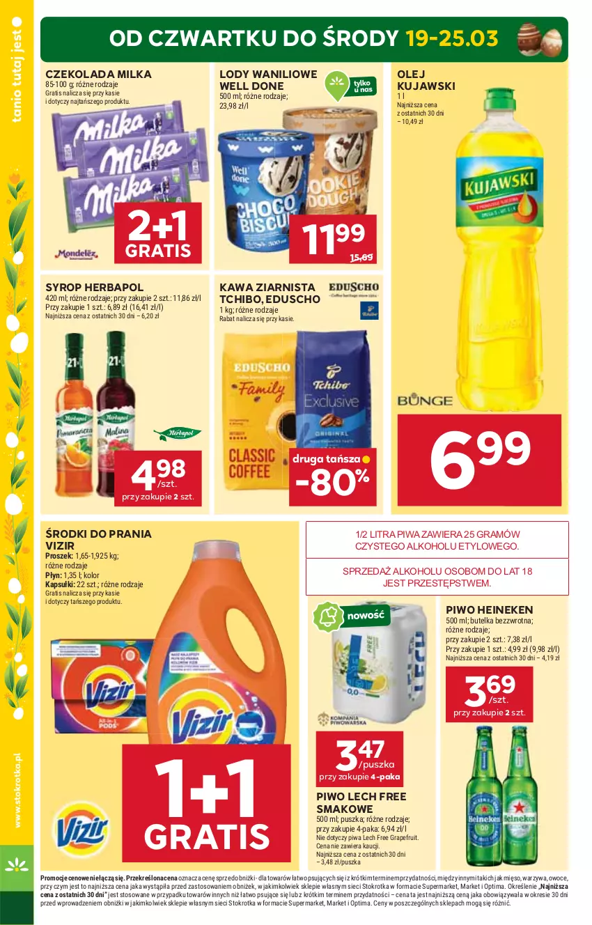 Gazetka promocyjna Stokrotka - Supermarket - ważna 19.03 do 25.03.2026 - strona 4 - produkty: Czekolada, Gra, Heineken, Herbapol, Kawa, Kawa ziarnista, Kujawski, Lody, Mięso, Milka, Olej, Optima, Owoce, Piwa, Piwo, Syrop, Tchibo, Vizir, Warzywa