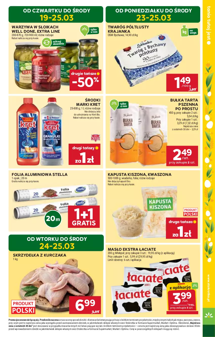 Gazetka promocyjna Stokrotka - Supermarket - ważna 19.03 do 25.03.2026 - strona 5 - produkty: Bułka, Bułka tarta, Folia aluminiowa, Gra, Kret, Kurczak, Masło, Mięso, Optima, Owoce, Skrzydełka z kurczaka, Tarta, Twaróg, Twaróg półtłusty, Warzywa