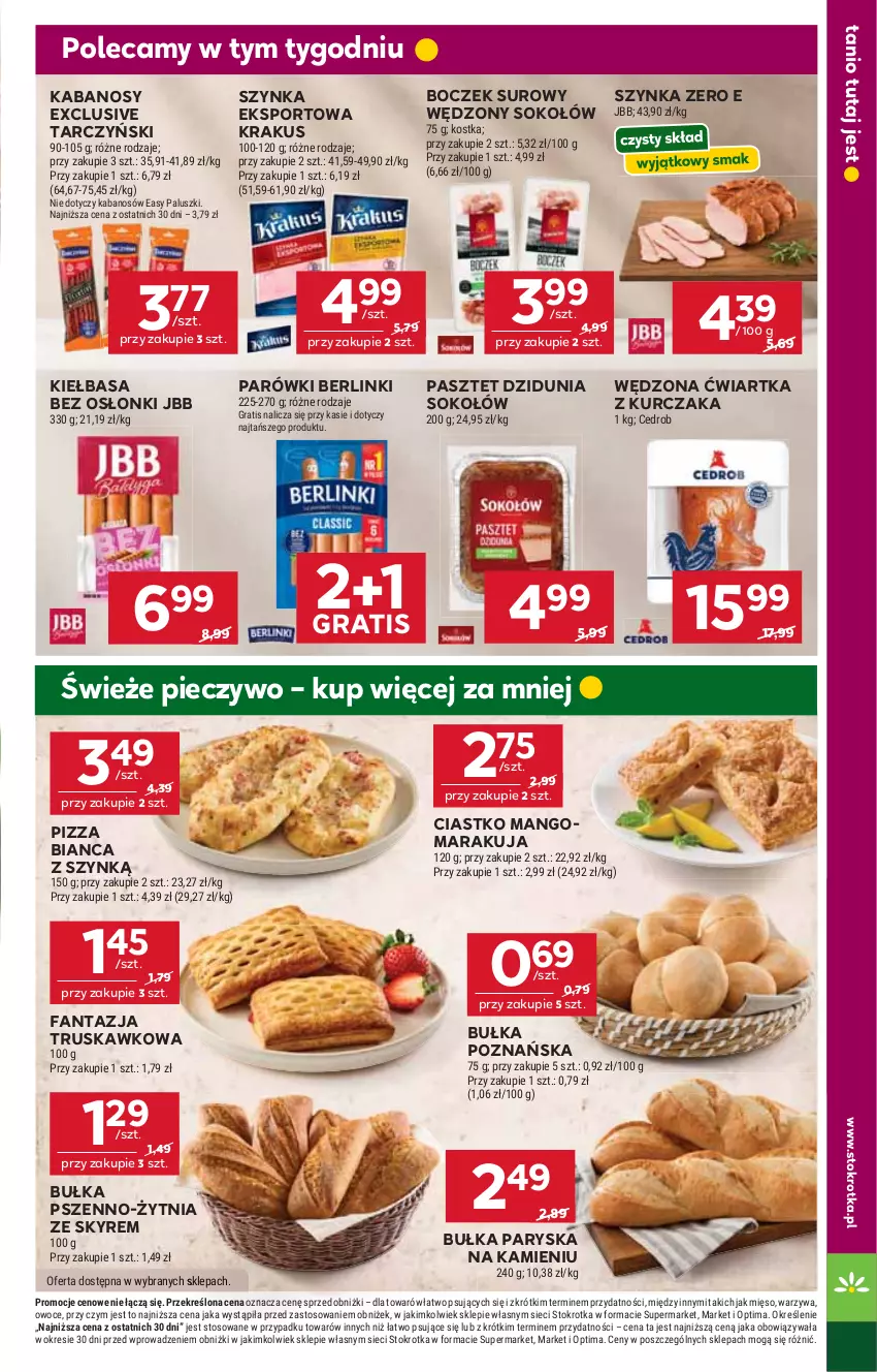 Gazetka promocyjna Stokrotka - Supermarket - ważna 01.10 do 07.10.2026 - strona 15 - produkty: Berlinki, Boczek, Bułka, Fa, Fanta, Gra, Kabanos, Kiełbasa, Krakus, Kurczak, Mango, Mięso, Optima, Owoce, Parówki, Pasztet, Piec, Pieczywo, Pizza, Por, Sok, Sokołów, Sport, Szynka, Tarczyński, Warzywa
