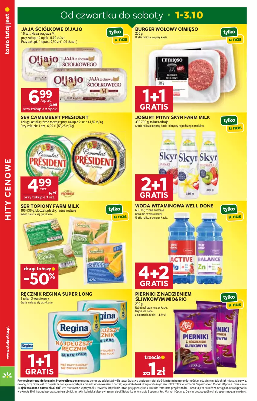 Gazetka promocyjna Stokrotka - Supermarket - ważna 01.10 do 07.10.2026 - strona 2 - produkty: Burger, Camembert, Fa, Farm Milk, Gin, Gra, Jaja, Jogurt, Jogurt pitny, Mięso, Optima, Owoce, Piernik, Président, Ręcznik, Ser, Ser topiony, Top, Warzywa, Woda