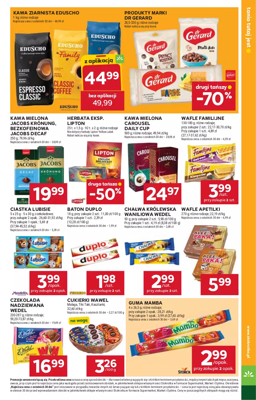 Gazetka promocyjna Stokrotka - Supermarket - ważna 01.10 do 07.10.2026 - strona 25 - produkty: Baton, Chałwa, Ciastka, Cukier, Cukierki, Czekolada, Czekolada nadziewana, Dr Gerard, Fa, Herbata, Jacobs, Jacobs Krönung, Kawa, Kawa mielona, Kawa ziarnista, Lipton, Lubisie, Mamba, Mięso, Optima, Owoce, Wafle, Warzywa, Wawel