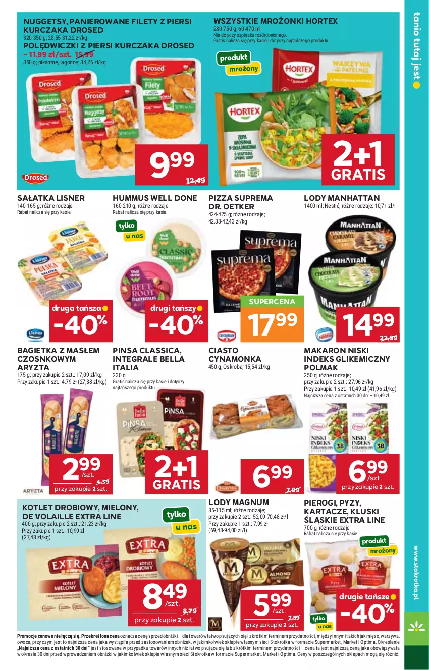 Gazetka promocyjna Stokrotka - Supermarket - ważna 01.10 do 07.10.2026 - strona 33 - produkty: Bagietka, Bell, Bella, Dr. Oetker, Gra, Hortex, Hummus, Kotlet, Kurczak, Lisner, Lody, Makaron, Mięso, Mus, Nestlé, Olma, Optima, Owoce, Pierogi, Pizza, Sałat, Sałatka, Szpinak, Warzywa