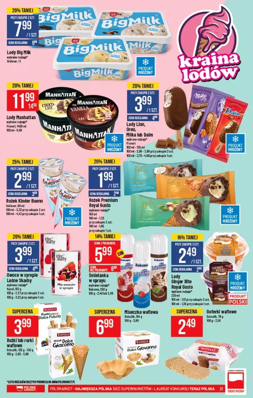 Gazetka promocyjna PoloMarket - Gazetka promocyjna - ważna 28.04 do 04.05.2021 - strona 31 - produkty: Bakoma, Big Milk, Gin, Kinder, Kinder Bueno, Lody, Milka, Miseczka, Rurki, Syrop