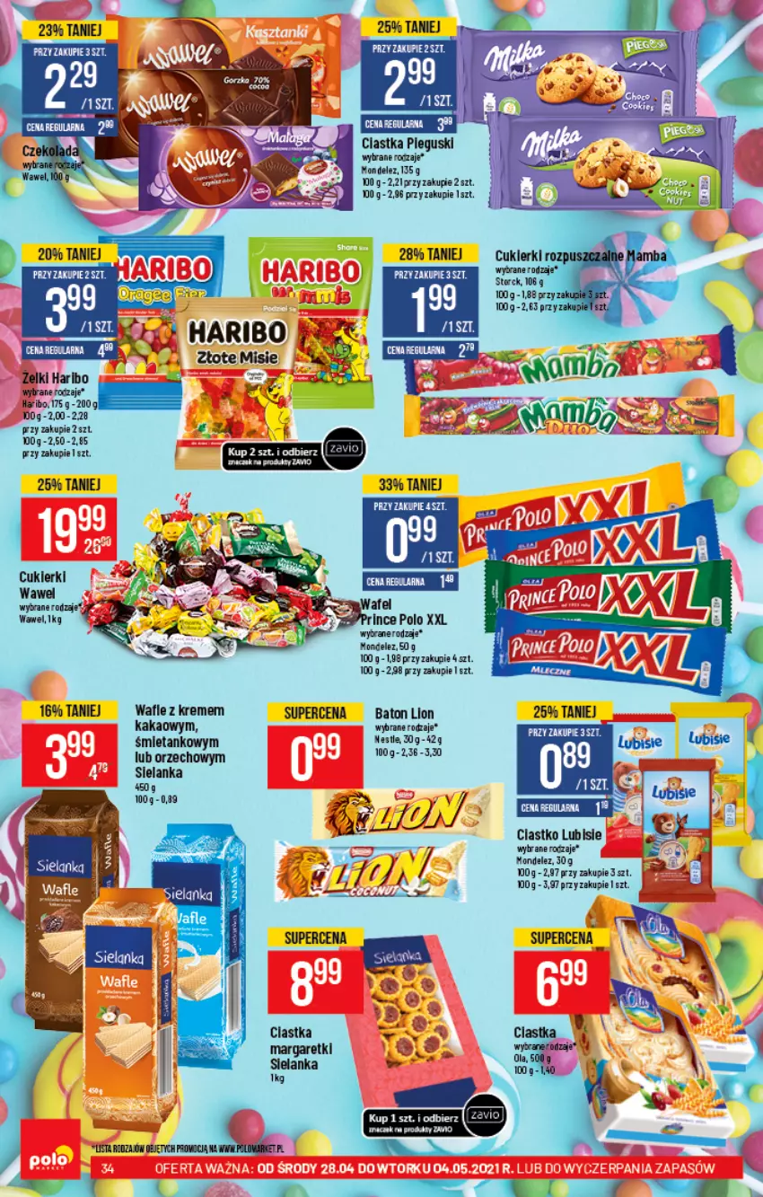 Gazetka promocyjna PoloMarket - Gazetka promocyjna - ważna 28.04 do 04.05.2021 - strona 34 - produkty: Baton, Ciastka, Cukier, Cukierki, Haribo, Kakao, Lion, Lubisie, Wafle, Wawel