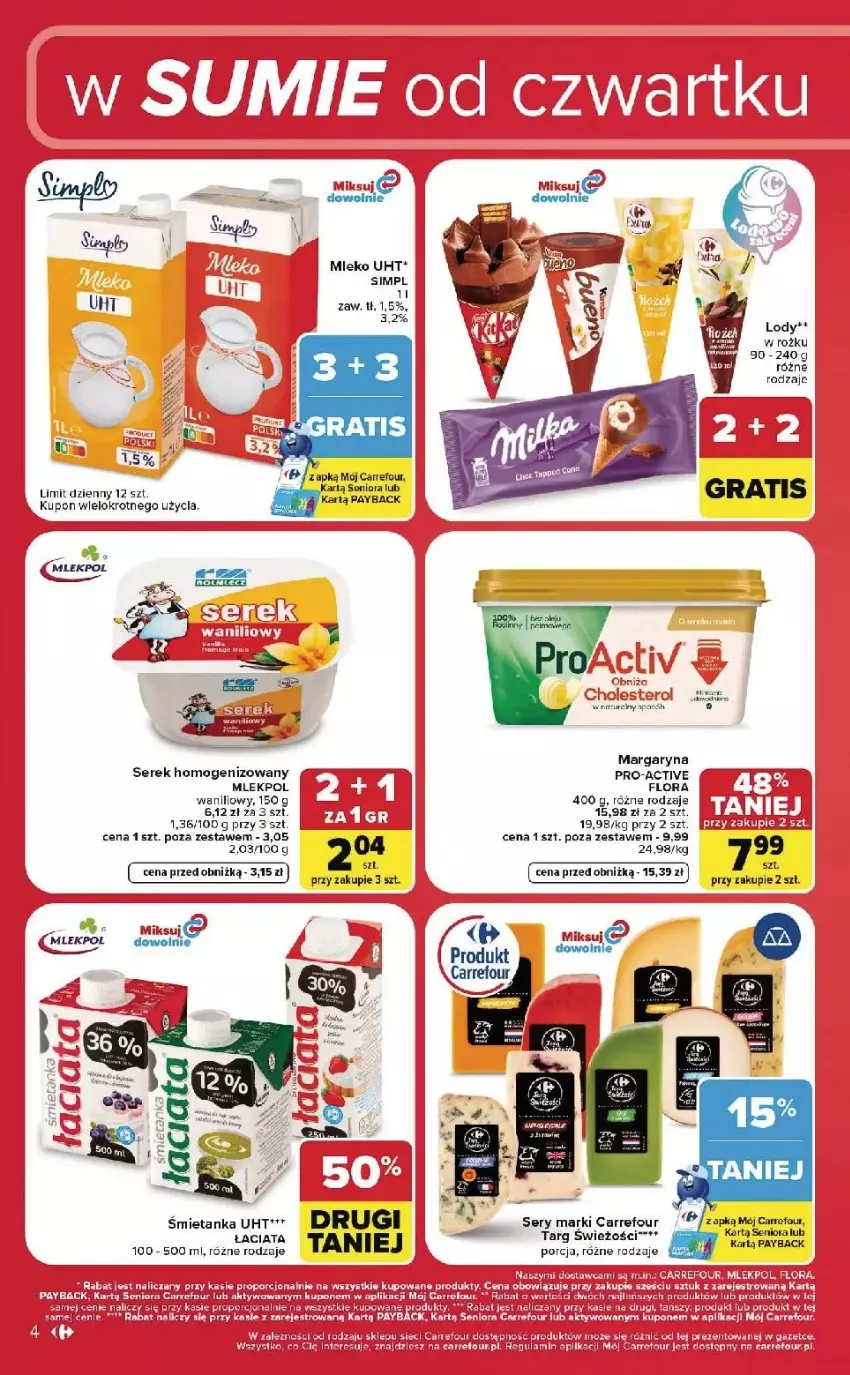 Gazetka promocyjna Carrefour - Gazetka Carrefour, Market w SUMIE od czwartku WEEKEND OKAZJI - ważna 02.07 do 04.07.2026 - strona 4 - produkty: Fa, Flora, Lody, Mleko, Por, Ser, Serek, Serek homogenizowany